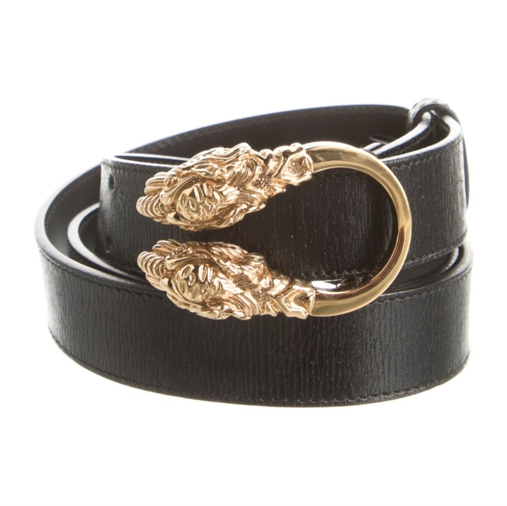 Gucci Black Belt with Gold Lion Buckle